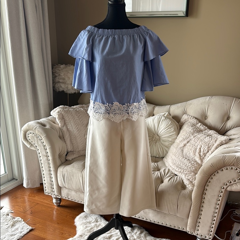 Zara Blue Off-Shoulder Blouse with Lace Trim